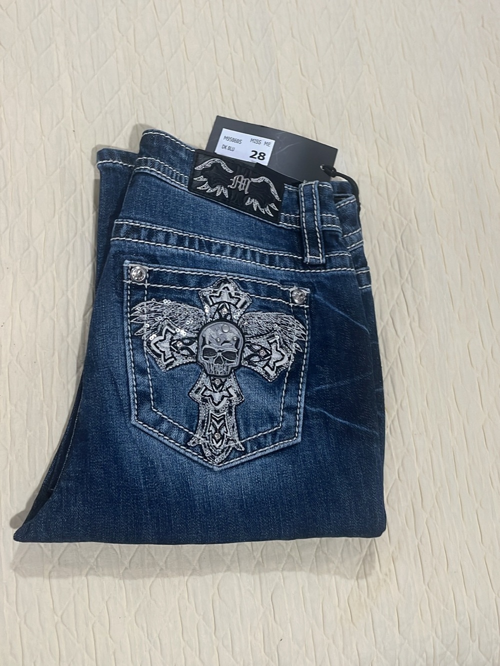 Miss Me Dark Blue Boot Cut Jeans with Embroidered Skull Cross
